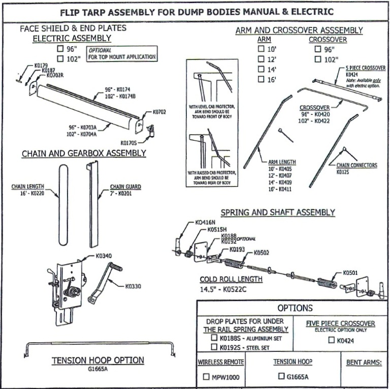 Mountain K616DE Electric Underbody Mount Tarp System for Dump Bodies 96" wide, 25 - 28 long